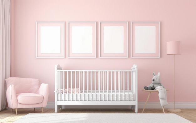 Vivaio con un muro rosa con quattro cornici vuote mockup sul muro