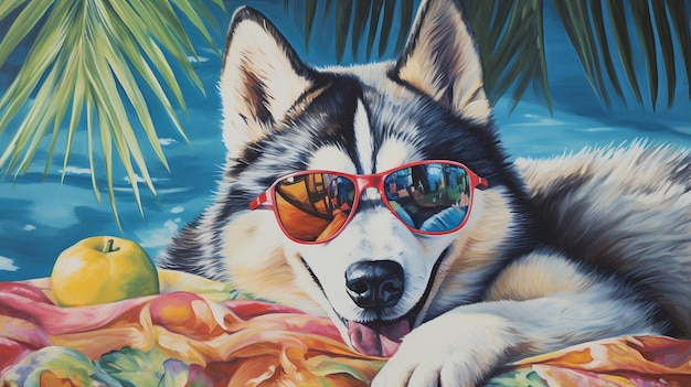 Vivi il massimo del relax con il nostro amico a quattro zampe Siberian Husky mentre si rilassa su un telo da mare indossando eleganti occhiali da sole e sorseggiando una rinfrescante bevanda tropicale