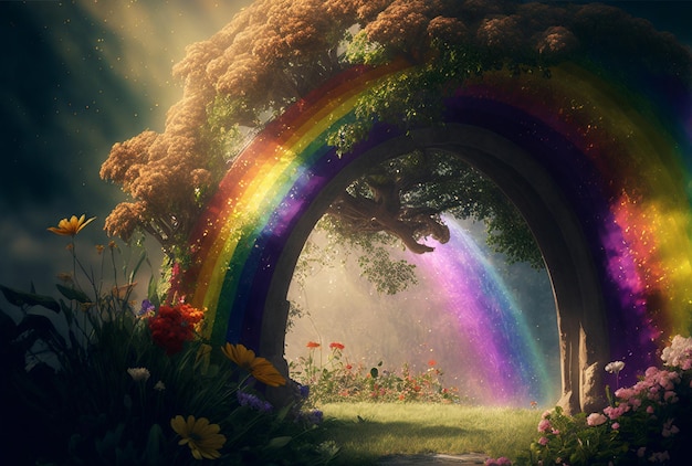 Vivi la magia di un giardino fantastico con un arcobaleno colorato: mitico, immaginario e incantato