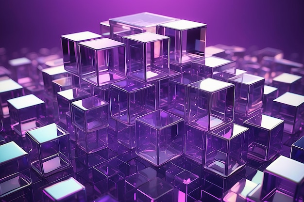 Vivid Iridescent Crystal Cubes on Abstract Purple Geometry Stunning 3D Render