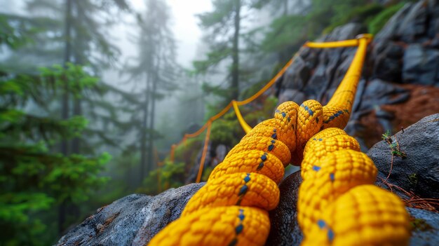 Vivida corda gialla per arrampicarsi su terreni rocciosi nella foresta nebbiosa Avventura all'aperto e alpinismo