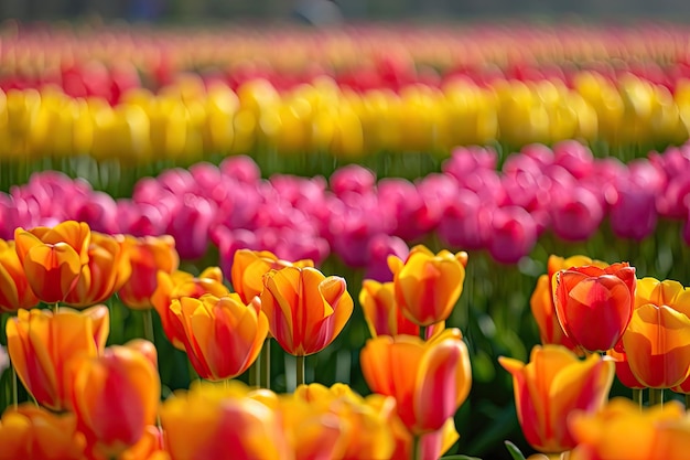 Vividi campi di tulipani in piena fioritura sullo sfondo
