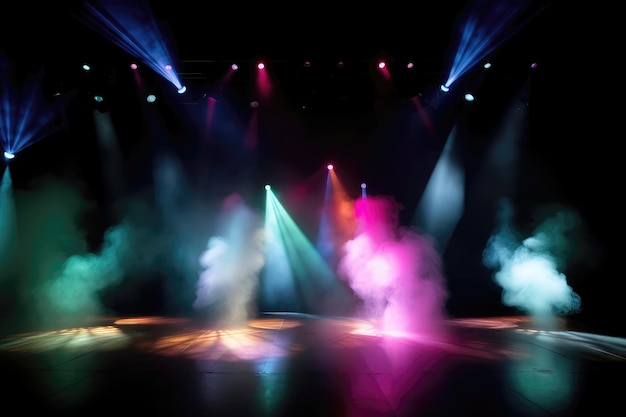 Vividi riflettori brillano sul palco con l'intelligenza artificiale generativa del fumo