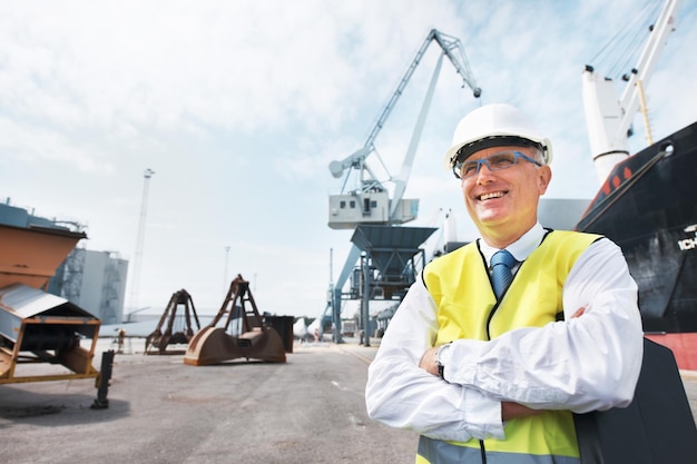 Vivo per il mio lavoro Un lavoratore portuale in piedi al porto in mezzo all'attività del settore marittimo