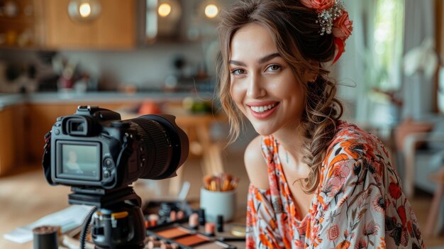 Vlogger di bellezza con accessori per il trucco che registra un tutorial nella sua cucina