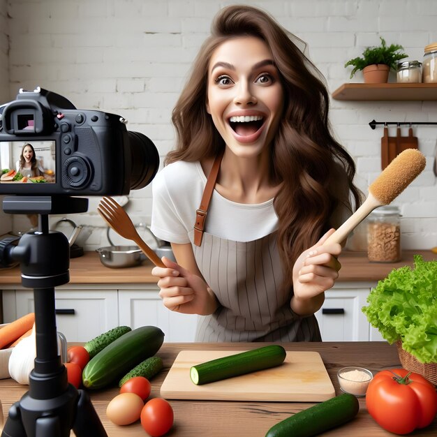 Vlogger di cucina donna eccitata in piedi davanti alla telecamera con uno stand che impara a preparare cibo biologico