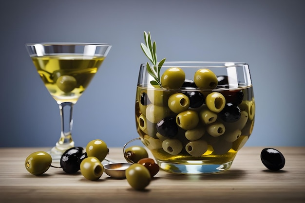 Vodka Martini con olive sul tavolo con sfondo sfocato