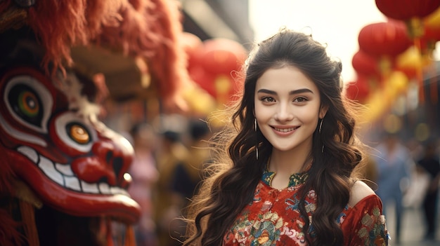 Vogue ragazza caucasica in un costume cinese rosso davanti a un leone cinese nel nuovo anno cinese