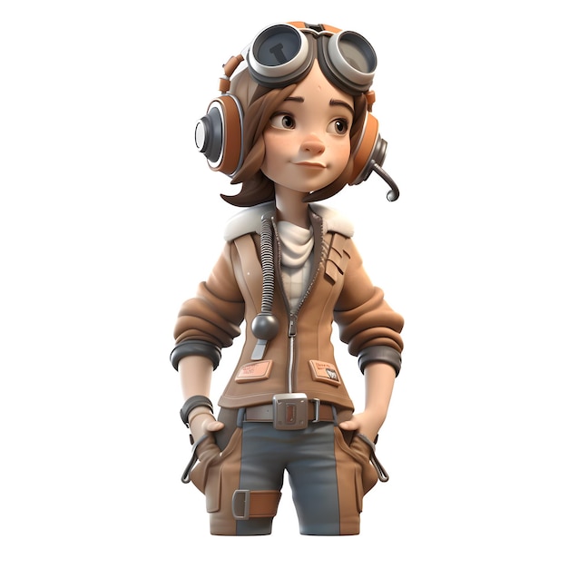 Vola in alto con il nostro personaggio 3D Cute Pilot Girl isolato su sfondo bianco