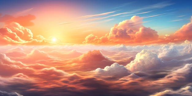 Vola sopra le nuvole al tramonto