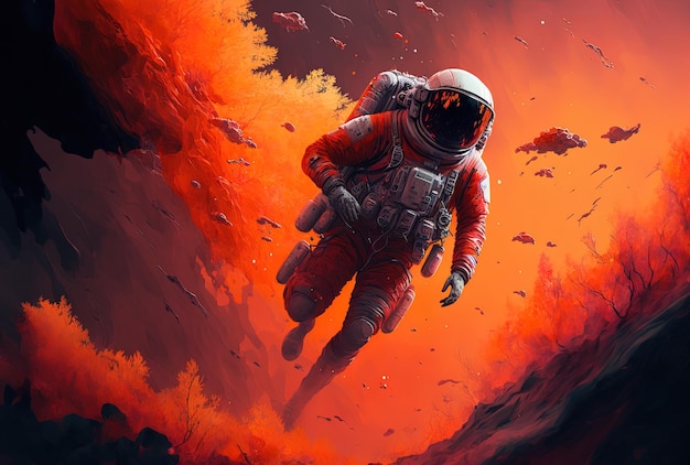 Volando sopra un bellissimo trend color lava l'astronauta