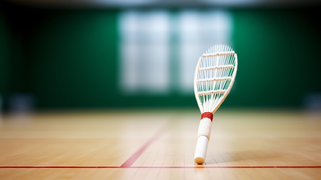 Volano e racchetta da badminton bianco crema sul pavimento