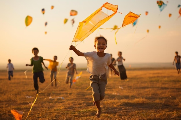 volare aquiloni nel campo dell'infanzia era un momento molto felice