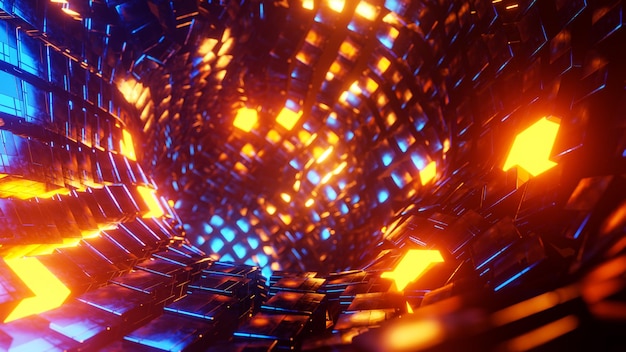 Volare attraverso un tunnel di cubi di metallo blu e arancione illustrazione di rendering 3D