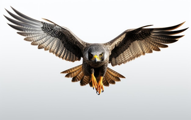 Volare bellissimo falco pellegrino nero isolato su sfondo bianco