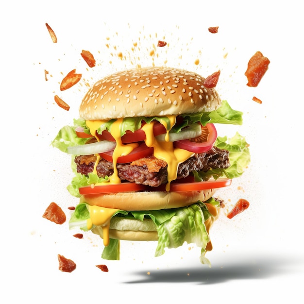 Volare Hamburger di formaggio delizioso con panini di lattuga e pomodoro a base di carne e caduta in piccoli pezzi su sfondo bianco