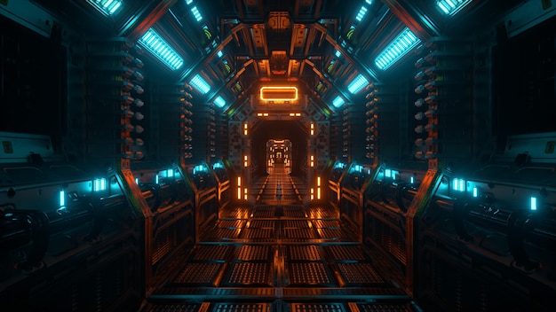 Volare in un tunnel di un'astronave, un corridoio navetta di fantascienza. Tecnologia astratta futuristica. Tecnologia e concetto futuro. Lampeggiante. illustrazione 3D