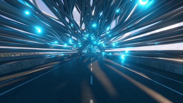 Volare in un tunnel futuristico in fibra ottica con una strada