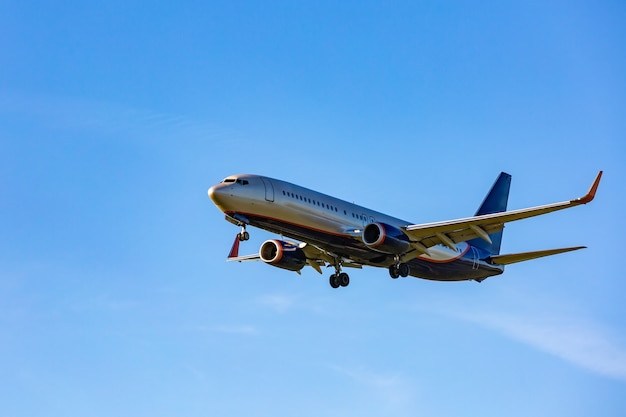 Volo dell'aereo passeggeri nei raggi del cielo blu al sole