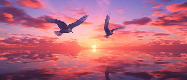 Volo dell'Orizzonte Rosa Due uccelli che volano oltre il tramonto