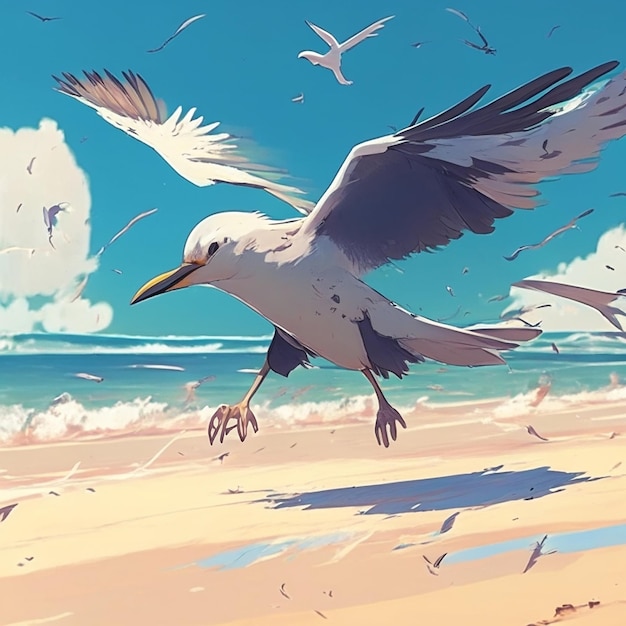 volo dell'uccello generato ai sull'illustrazione della spiaggia