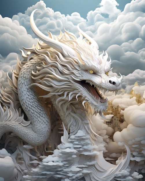 volo mozzafiato di un mitico drago mentre si libra tra le nuvole in una carta 3D