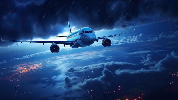 volo notturno blu realistico cinematografico