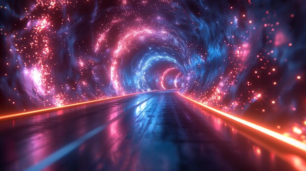 Volo spaziale retro neon hyper warp in un tunnel 3D paesaggio cyberpunk di qualità professionale AI Generative