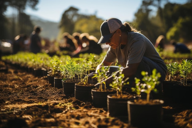 Volontari che piantano alberi in una comunità di IA generativa