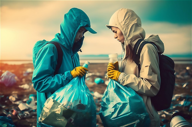 Volontari che raccolgono immondizia di plastica in sacchi di rifiuti Il concetto di inquinamento ambientale e conservazione generativa ai