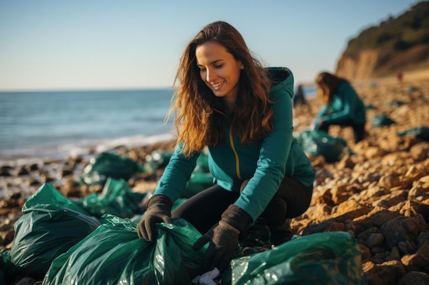 Volontari che raccolgono rifiuti di plastica isolati sullo sfondo di un gradiente oceanico