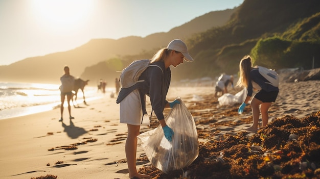 volontari che raccolgono rifiuti sulla spiaggia