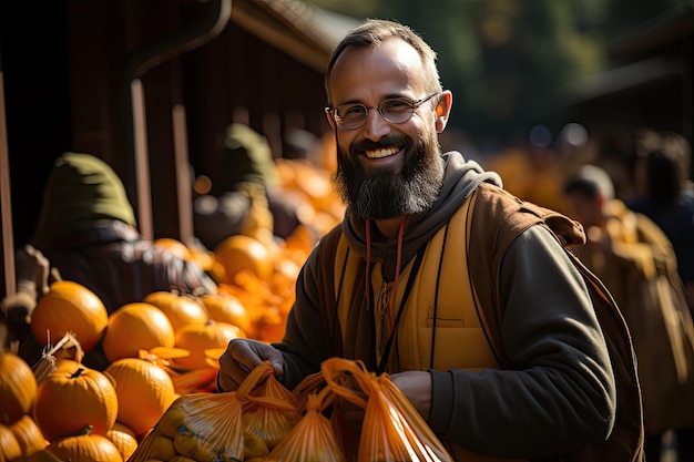 Volontari distribuiscono cibo nella scena della carità generativa IA