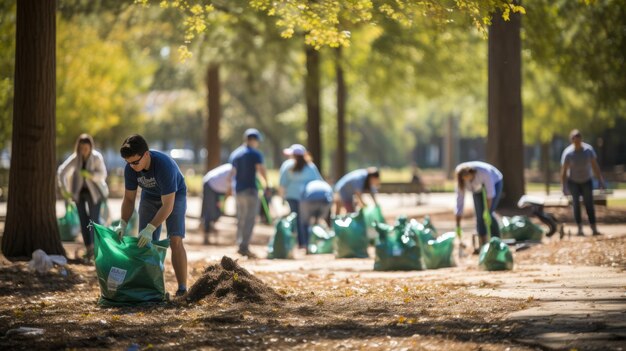 Volontari raccolgono diligentemente i rifiuti in sacchetti in un parco, enfatizzando il servizio alla comunità e la responsabilità ambientale