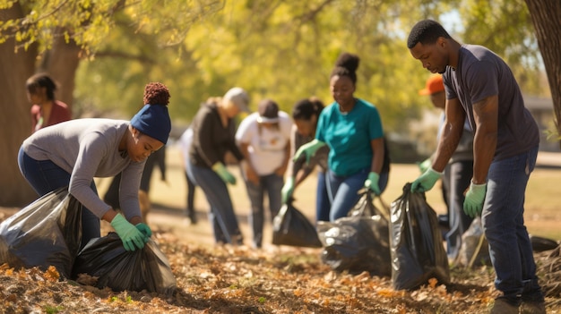 Volontari raccolgono diligentemente i rifiuti in sacchetti in un parco, enfatizzando il servizio alla comunità e la responsabilità ambientale