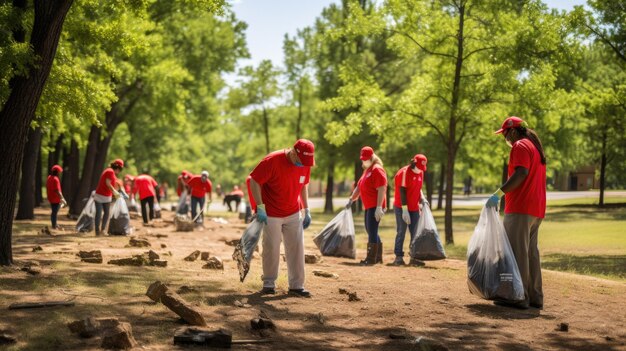 Volontari raccolgono diligentemente i rifiuti in sacchetti in un parco, enfatizzando il servizio alla comunità e la responsabilità ambientale