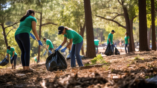Volontari raccolgono diligentemente i rifiuti in sacchetti in un parco, enfatizzando il servizio alla comunità e la responsabilità ambientale