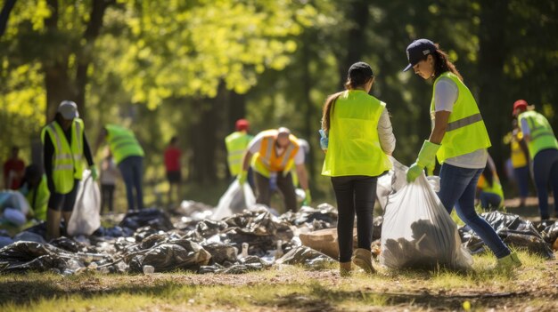 Volontari raccolgono diligentemente i rifiuti in sacchetti in un parco, enfatizzando il servizio alla comunità e la responsabilità ambientale