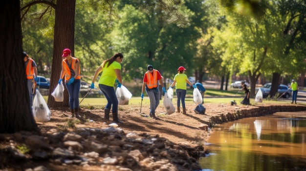 Volontari raccolgono diligentemente i rifiuti in sacchetti in un parco, enfatizzando il servizio alla comunità e la responsabilità ambientale