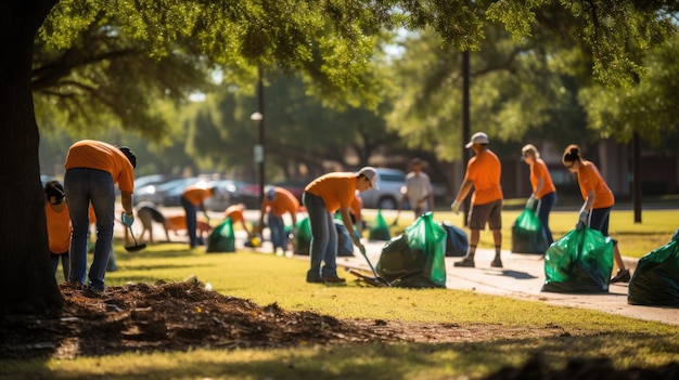 Volontari raccolgono diligentemente i rifiuti in sacchetti in un parco, enfatizzando il servizio alla comunità e la responsabilità ambientale