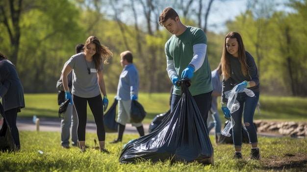 Volontari raccolgono diligentemente i rifiuti in sacchetti in un parco, enfatizzando il servizio alla comunità e la responsabilità ambientale