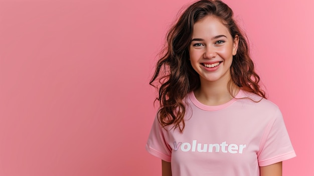 Volontaria adolescente felice che guarda la telecamera isolata sullo sfondo dello studio Volontariato di beneficenza che aiuta i servizi di raccomandazione concetto ritratto di foto in primo piano