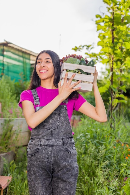 Volontariato nell'agricoltura biologica dell'orto donna latina venezuelana che raccoglie l'orto urbano