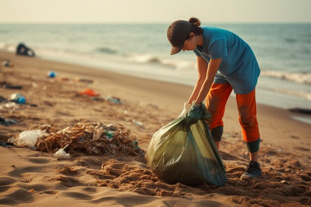 Volontario che pulisce la spiaggia in modo generativo di Ai