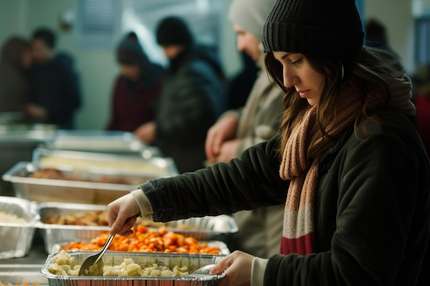 Volontario che serve cibo in un rifugio per senzatetto