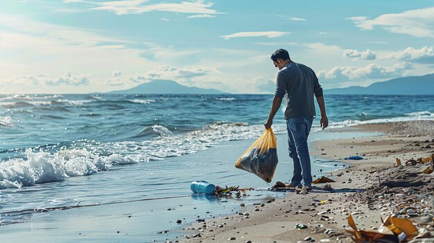 Volontario ecologico che raccoglie i rifiuti lungo la riva