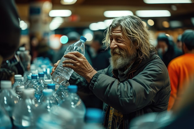 Volontario generoso che distribuisce bottiglie d'acqua