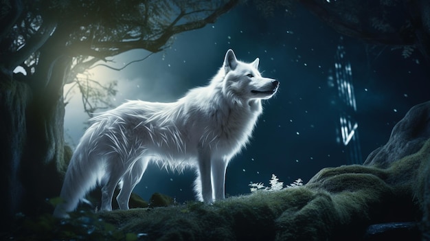 volpe bianca che cammina sotto la luna piena nella foresta notturna AI generativa