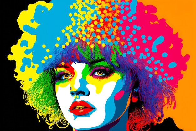 Volto colorato pop art di donna clown in parrucca e trucco