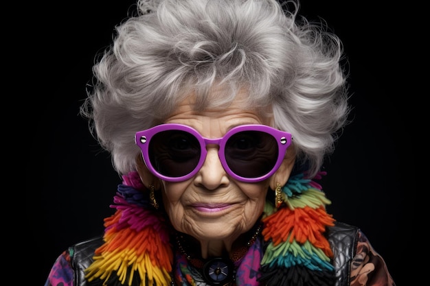 Volto di donna anziana alla moda con occhiali da sole
